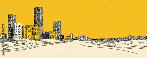 A cityscape with tall buildings and a yellow background. The buildings are in the foreground and the background is a yellow sky