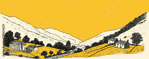 The image is a drawing of a mountain valley with houses and trees. The colors are yellow and white, giving the scene a peaceful and serene atmosphere