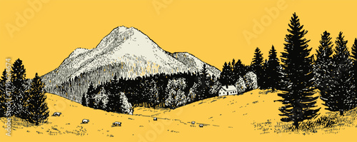 A mountain range is shown in the background of a yellow and brown landscape. The mountains are covered in snow and the trees are bare