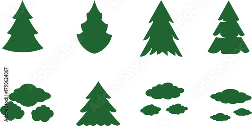 Green pine and bush silhouette vector collection, minimalist nature shapes, evergreen forest elements, simple eco design illustration for decoration and landscape projects