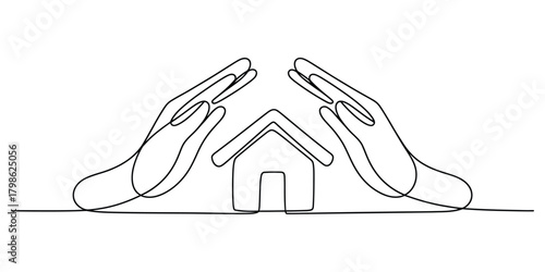 Continuous line art hands protect home; real estate security concept.