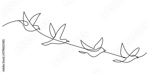 Minimalist one line art of four birds in flight, elegant design.