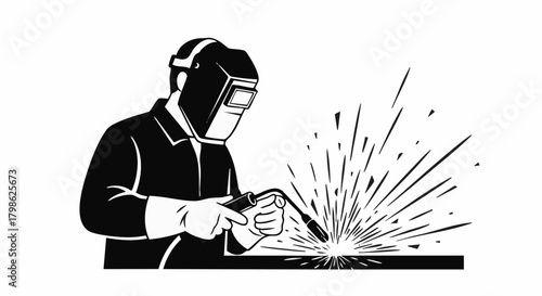 A skilled welder, wearing protective gear, meticulously works with metal, creating sparks and heat during the welding process in a workshop setting.