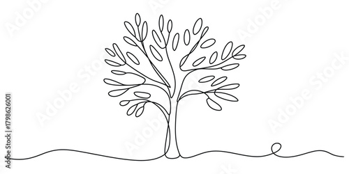 Minimalist line art tree with flowing roots and foliage sketch