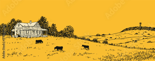A yellow background with a house and cows in the foreground. The cows are grazing in the field