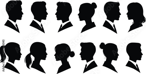 Male and female head profile silhouettes, business people side view collection, professional avatar vector illustration, black and white design for corporate identity and branding