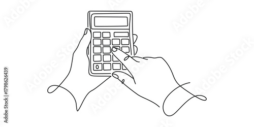 Single line drawing of hands using a calculator for business tasks