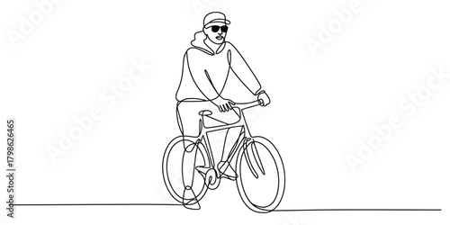 Continuous line art of person riding a bicycle, active lifestyle