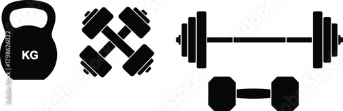 Gym equipment silhouettes set, fitness weights vector illustration, dumbbell, barbell, kettlebell, workout icons, strength training tools, bodybuilding exercise shapes, black isolated design.