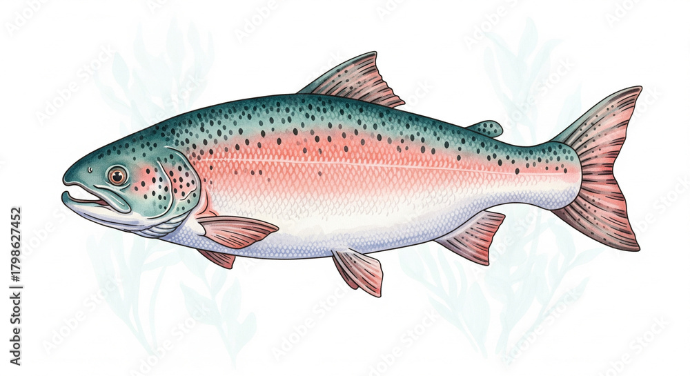 Fototapeta premium Watercolor salmon swimming upstream, splashing river waves, soft gradient blues and pinks, dynamic motion, delicate brush textures, nature illustration 