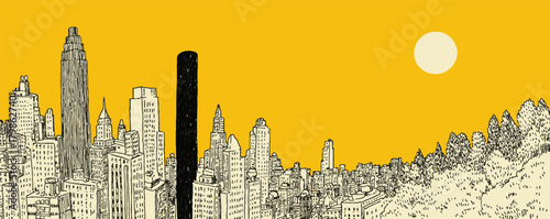 A city skyline with a large building in the middle and a sun in the background. The sun is shining brightly and the sky is a bright yellow