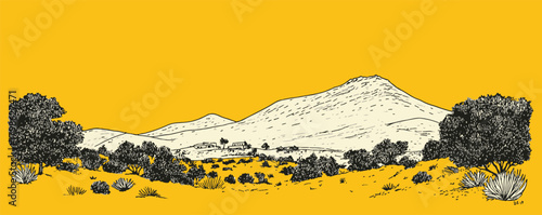 A yellow background with a mountain in the distance. The mountain is covered in trees and the sky is blue