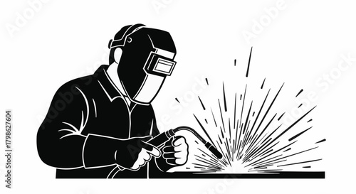 A skilled welder, protected by a helmet, meticulously works with metal, creating sparks and precision in a workshop environment.