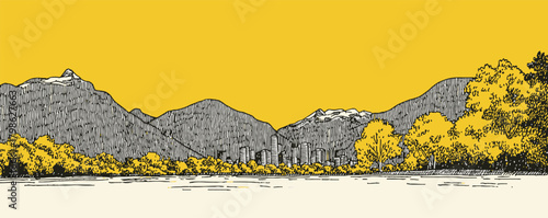 A yellow and white background with mountains in the distance. The mountains are covered in snow and the trees are bare