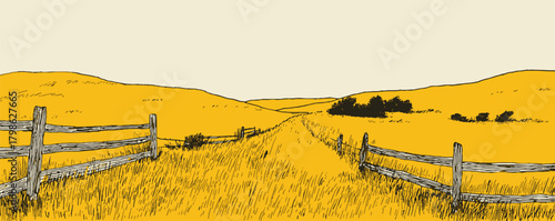 A yellow field with a fence in the background. The fence is wooden and has a rustic look. The field is empty and peaceful