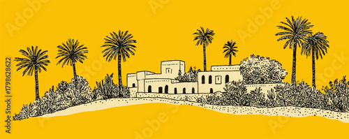 A yellow background with palm trees and houses. The houses are small and the palm trees are tall