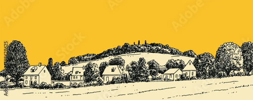 A yellow background with a drawing of a rural landscape with houses and trees. The houses are small and scattered throughout the area