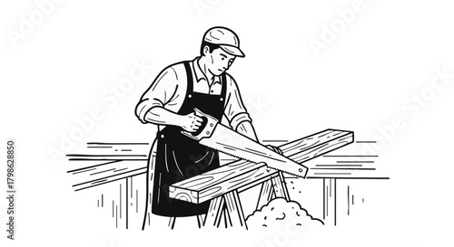 A carpenter meticulously saws through a wooden plank, demonstrating skillful craftsmanship and precision in a workshop setting, creating sawdust.