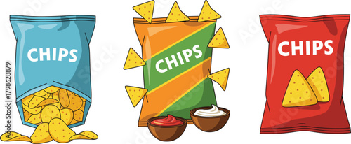 Vector set of three colorful, detailed chip bags (nacho, tortilla, or corn chips), one open and two closed, with dipping sauces, symbolizing salty snack food, casual eating, and retail product packagi