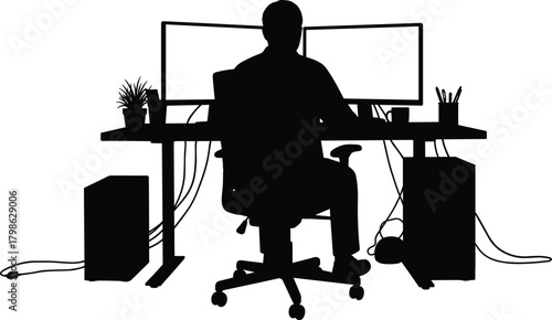 Modern office workspace illustration, person sitting at computer desk with dual monitors, ergonomic chair, desktop setup, remote work, digital workplace environment