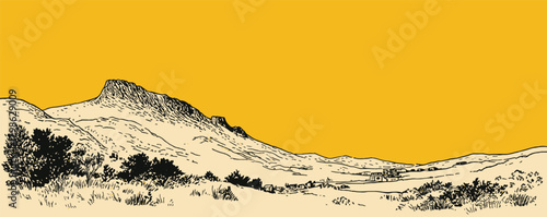 A yellow background with a mountain in the foreground. The mountain is covered in trees and he is a rocky outcropping. The sky is clear