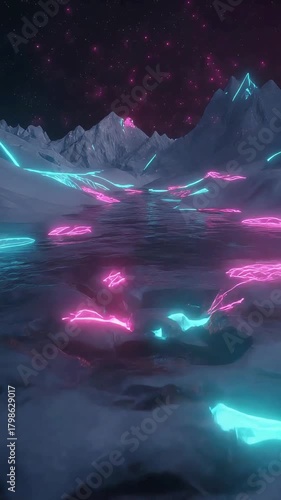 A surreal futuristic landscape featuring vibrant pink and cyan neon lights glowing across a snow-covered mountain valley under a starry night sky