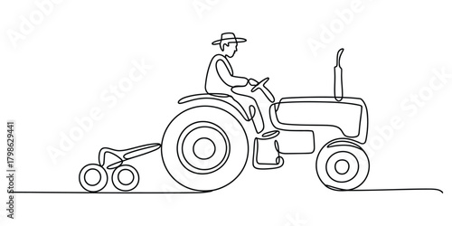 Farmer driving a tractor with implement continuous line drawing