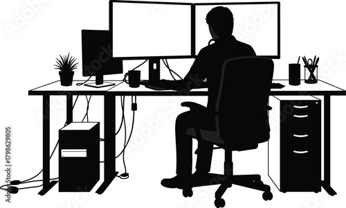 Modern office workspace illustration, person working at computer desk with multiple monitors, ergonomic chair, desktop setup, productivity, remote work environment