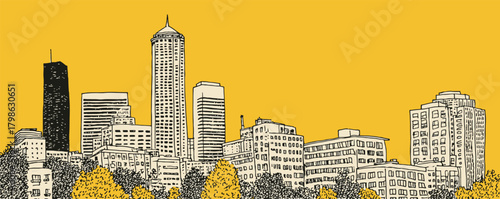 A city skyline with a yellow background. The buildings are tall and the sky is clear. The city appears to be bustling with activity