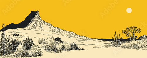 A yellow and black drawing of a desert landscape with a mountain in the background. The sky is orange and the sun is setting