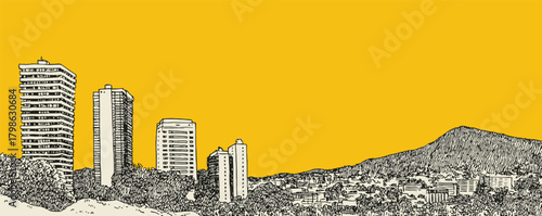 A cityscape with tall buildings and a hill in the background. The buildings are yellow and the sky is a bright yellow color