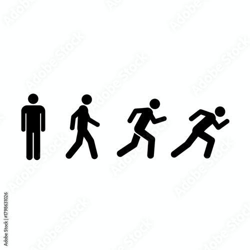 A sequence of four stick figures showing the progression from standing still to walking and then running.