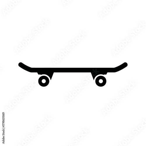 Minimalist black skateboard silhouette icon isolated on a white background.