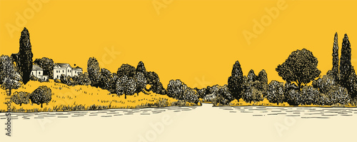 A serene countryside scene with a yellow background featuring a house and trees in the foreground. The house is situated in the distance
