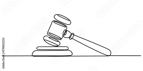 Minimalist judge's gavel continuous line art, law and justice