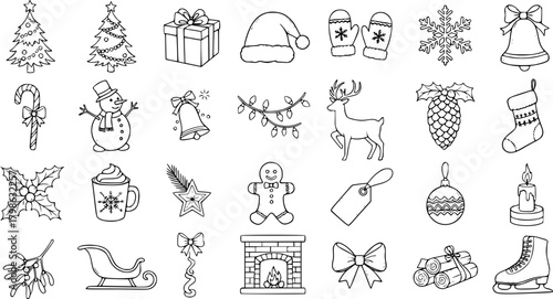 Hand-Drawn Christmas and Holiday Vector Icons Set - Black and White Outline Sketch Collection of Winter Symbols and Decorations
