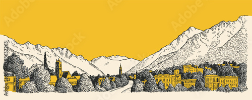 A yellow and white drawing of a mountain range with a town in the valley below. The mountains are covered in snow and the town is small and quaint