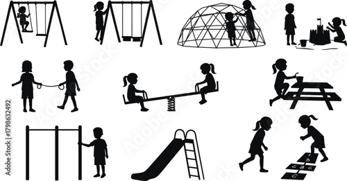 Playground activities silhouettes set, children playing vector illustration, kids outdoor fun icons, swing, slide, seesaw, sandbox, climbing dome, skipping rope, hopscotch, picnic table.