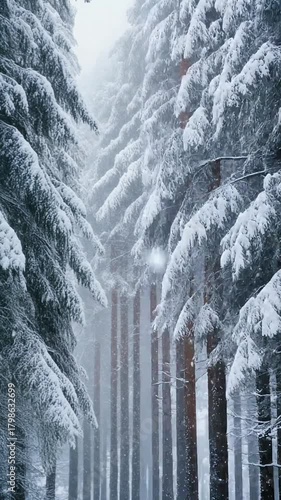A tranquil scene of a cozy snow-covered village with warm glowing windows on a peaceful winter Christmas Eve night