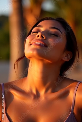 Beautiful brunette woman in a swimsuit at sunset enjoying the golden light and warm evening glow