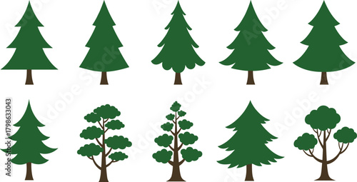 Set of green pine and deciduous tree illustrations, forest and nature collection, eco-friendly landscape elements for environment, design, and decoration vector.