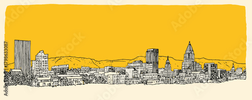 A city skyline with a yellow background. The buildings are tall and the sky is clear. The city appears to be bustling with activity