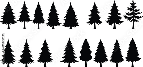 Set of pine and spruce tree silhouettes, black forest and nature icons for landscape design, eco decoration, and environment vector illustration.