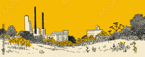 A city skyline with a yellow background. The buildings are tall and the sky is orange