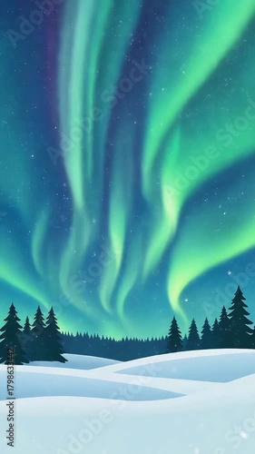 A mystical path winding through a dense, snow-covered pine forest illuminated by a warm, golden glow at night