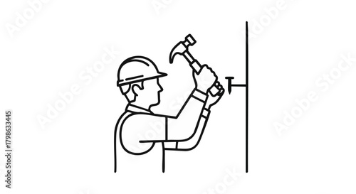 A construction worker uses a hammer to secure a nail into a wall, demonstrating manual labor and building skills in a simple outline.