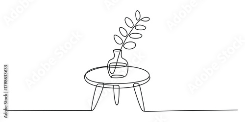 Continuous line art drawing of plant in vase on minimalist table
