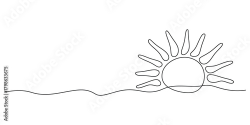 One line art sun rising over wavy line minimalist drawing vector