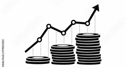 Black and white icon of stacked coins with an upward trending arrow graph.