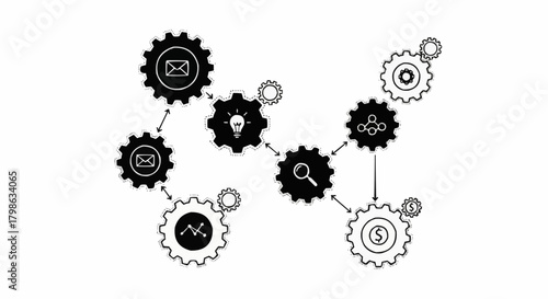 Interconnected gears with business icons representing workflow and process.